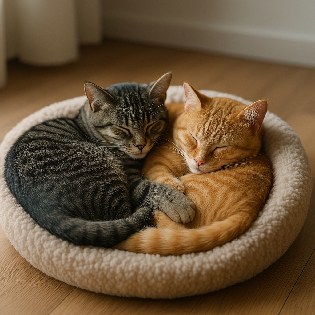 Asesorías Felinas Online 2 gatos durmiendo juntos desde el primer dia hecha con IA